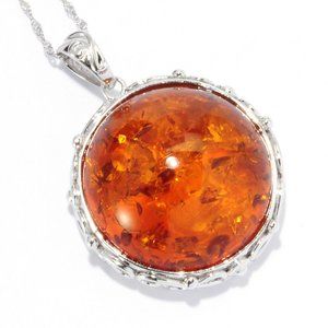 V3 Jewelry Sterling Silver with Red Amber Circle Pendant with 18" Chain
